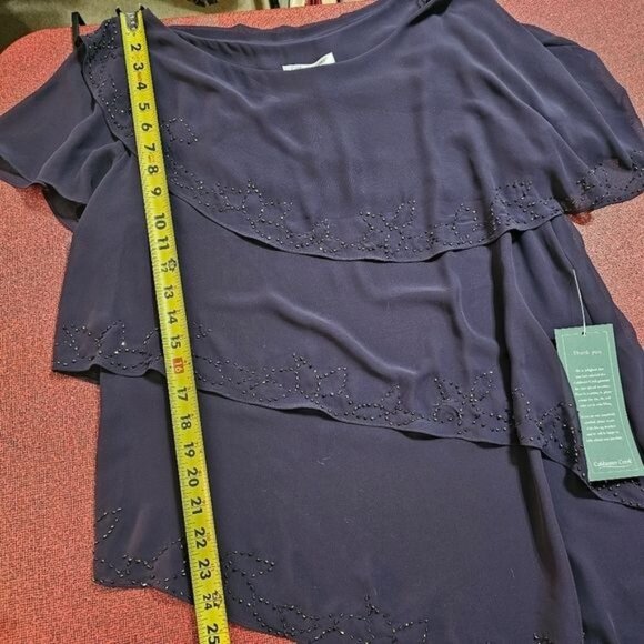 Coldwater Creek Purple Tiered Chiffon Boatneck Blouse Sz 14 Beaded Asymmetrical - Picture 11 of 11